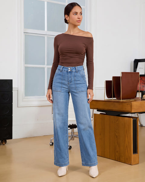 GRAPENT Straight Leg Jeans for Women High Waisted Dual Buttons Denim Pants Soft Stretchy Denim Jeans, Straight Wide Leg, High Rise Fit, Full Length, 29.5" Inseam, Big Pockets, Work Casual, Daily Wear