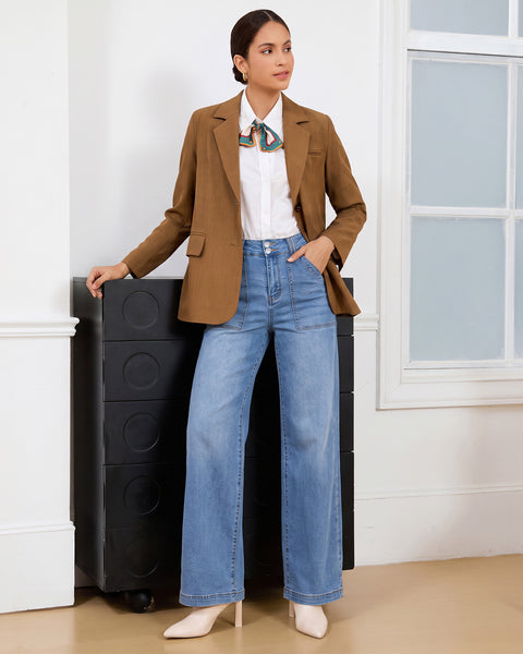 GRAPENT Straight Leg Jeans for Women High Waisted Dual Buttons Denim Pants Soft Stretchy Denim Jeans, Straight Wide Leg, High Rise Fit, Full Length, 29.5" Inseam, Big Pockets, Work Casual, Daily Wear