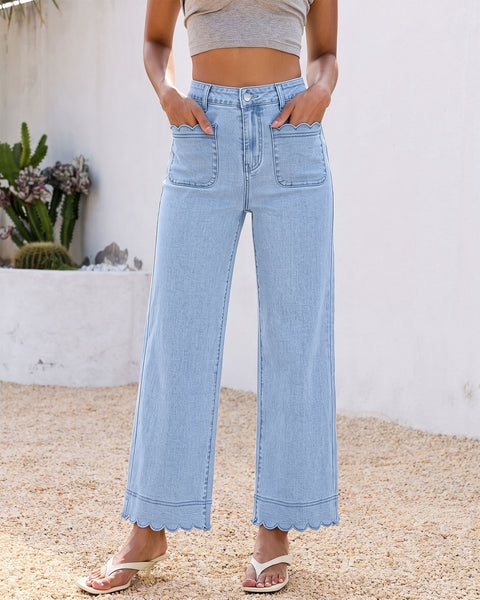 GRAPENT Jeans for Women Scalloped Straight Leg Ankle Stretchy Denim Pants | Straight Wide Leg Jeans, High Waisted, 27.5" Inseam, Patched Pockets, Cute Scalloped Design, Work Office, Dressy Casual Wear