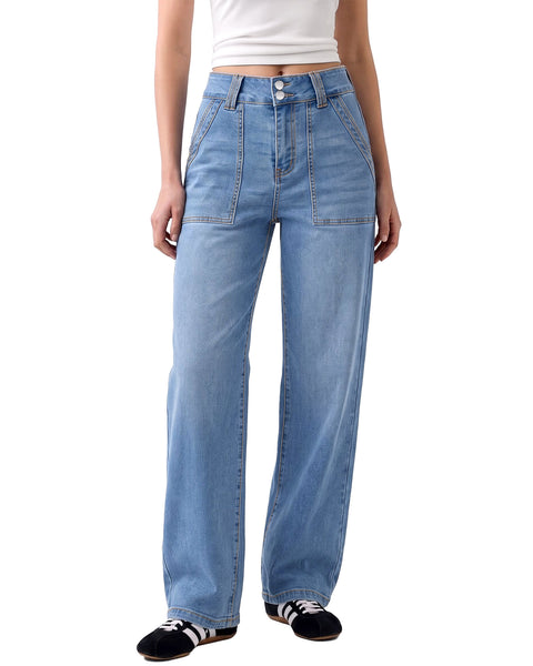 GRAPENT Straight Leg Jeans for Women High Waisted Dual Buttons Denim Pants Soft Stretchy Denim Jeans, Straight Wide Leg, High Rise Fit, Full Length, 29.5" Inseam, Big Pockets, Work Casual, Daily Wear
