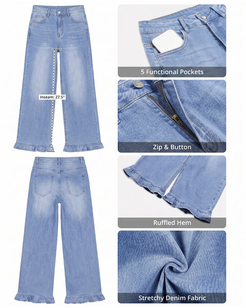 GRAPENT Wide Leg Jeans for Women Ruffle Hem High Waisted Ankle Denim Pants | Trendy Baggy Jeans, Stretch Denim, High Rise Fit, Cropped Jean Pants, 27.5 Inch Inseam, Flattering Ruffle Hem, Weekend Casual