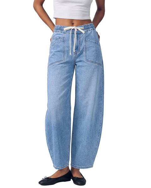 GRAPENT Barrel Jeans for Women High Waisted Elastic Waist Baggy Denim Pants | Barrel Leg, Ankle Length, Stretchy Drawstring Jeans, High Rise Fit, 27.5" Inseam, Front Patch Pockets, Dressy Casual Outfits