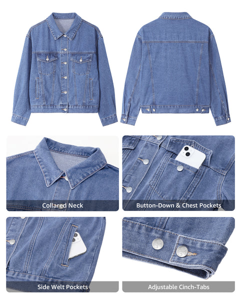 GRAPENT Jean Jacket Women Trendy Button Up Classic Oversized Denim Jackets Loose Fit, Side Seam Tabs for Adjustable Fit, Functional Pockets, Denim Trucker Jackets, Work Casual Oufits, Weekend Outings