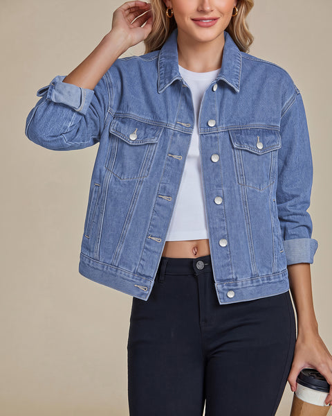 GRAPENT Jean Jacket Women Trendy Button Up Classic Oversized Denim Jackets Loose Fit, Side Seam Tabs for Adjustable Fit, Functional Pockets, Denim Trucker Jackets, Work Casual Oufits, Weekend Outings