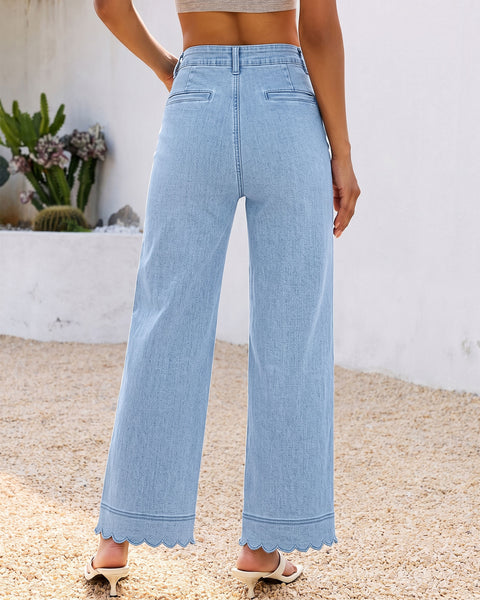 GRAPENT Jeans for Women Scalloped Straight Leg Ankle Stretchy Denim Pants | Straight Wide Leg Jeans, High Waisted, 27.5" Inseam, Patched Pockets, Cute Scalloped Design, Work Office, Dressy Casual Wear