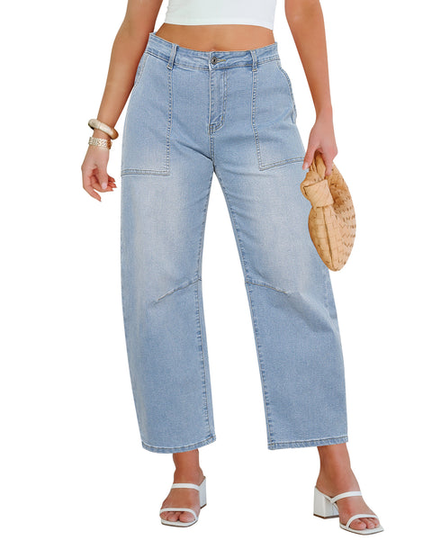 GRAPENT Barrel Jeans for Women High Waisted Trendy Wide Leg Baggy Ankle Length Stretchy Denim Trouser Jeans with Pockets