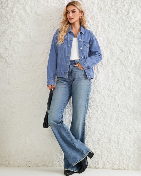 GRAPENT Jean Jacket Women Trendy Button Up Classic Oversized Denim Jackets Loose Fit, Side Seam Tabs for Adjustable Fit, Functional Pockets, Denim Trucker Jackets, Work Casual Oufits, Weekend Outings
