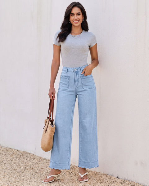 GRAPENT Jeans for Women Scalloped Straight Leg Ankle Stretchy Denim Pants | Straight Wide Leg Jeans, High Waisted, 27.5" Inseam, Patched Pockets, Cute Scalloped Design, Work Office, Dressy Casual Wear