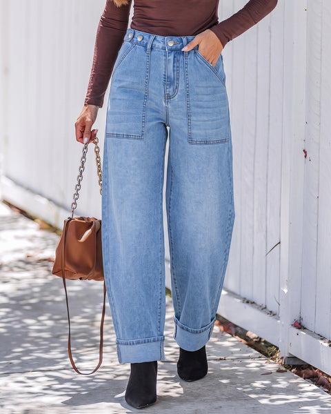 GRAPENT Barrel Jeans Women Cinched High Waisted Cuffed Stretchy Denim Pants Cropped Baggy Wide Leg Jeans, 27 Inch Inseam, Adjustable Cinched Waist, Big Pockets, Work Office Outfits, Casual Daily Wear