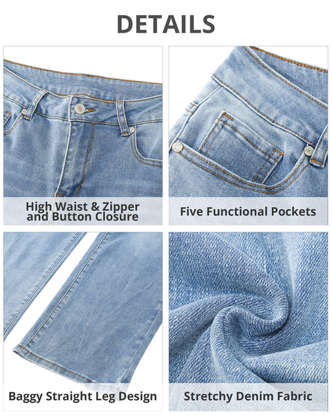 GRAPENT Jeans for Women Trendy High Waisted Baggy Straight Leg Stretchy Denim Ankle Pants Cropped Jeans with Pockets