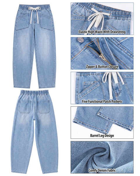 GRAPENT Barrel Jeans for Women High Waisted Elastic Waist Baggy Denim Pants | Barrel Leg, Ankle Length, Stretchy Drawstring Jeans, High Rise Fit, 27.5" Inseam, Front Patch Pockets, Dressy Casual Outfits