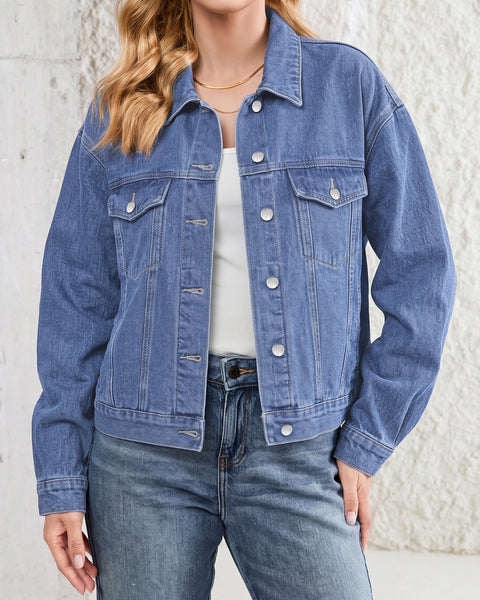 GRAPENT Jean Jacket Women Trendy Button Up Classic Oversized Denim Jackets Loose Fit, Side Seam Tabs for Adjustable Fit, Functional Pockets, Denim Trucker Jackets, Work Casual Oufits, Weekend Outings
