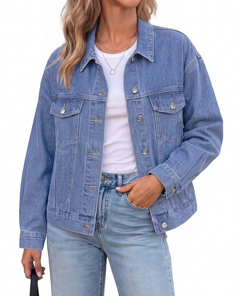 GRAPENT Jean Jacket Women Trendy Button Up Classic Oversized Denim Jackets Loose Fit, Side Seam Tabs for Adjustable Fit, Functional Pockets, Denim Trucker Jackets, Work Casual Oufits, Weekend Outings