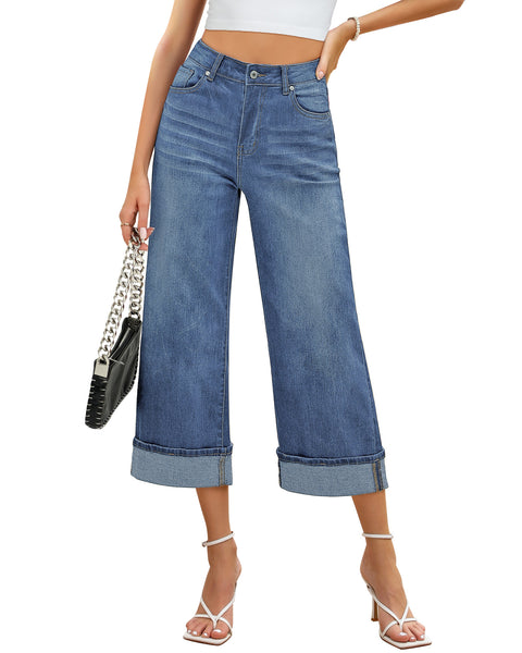 GRAPENT Wide Leg Jeans for Women High Waisted Stretchy Denim Capri Pants Fold Hem Cropped Baggy Capris Jeans with Pocket