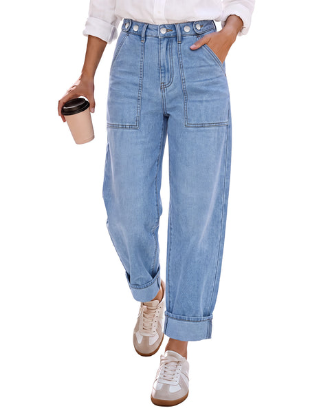 GRAPENT Barrel Jeans Women Cinched High Waisted Cuffed Stretchy Denim Pants Cropped Baggy Wide Leg Jeans, 27 Inch Inseam, Adjustable Cinched Waist, Big Pockets, Work Office Outfits, Casual Daily Wear