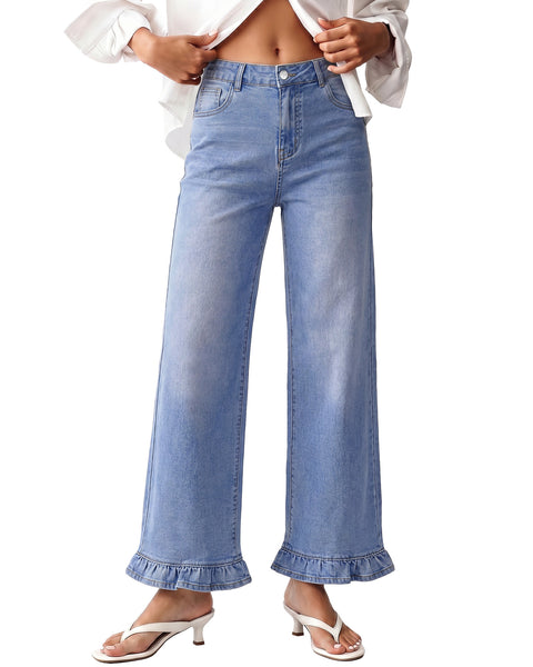 GRAPENT Wide Leg Jeans for Women Ruffle Hem High Waisted Ankle Denim Pants | Trendy Baggy Jeans, Stretch Denim, High Rise Fit, Cropped Jean Pants, 27.5 Inch Inseam, Flattering Ruffle Hem, Weekend Casual