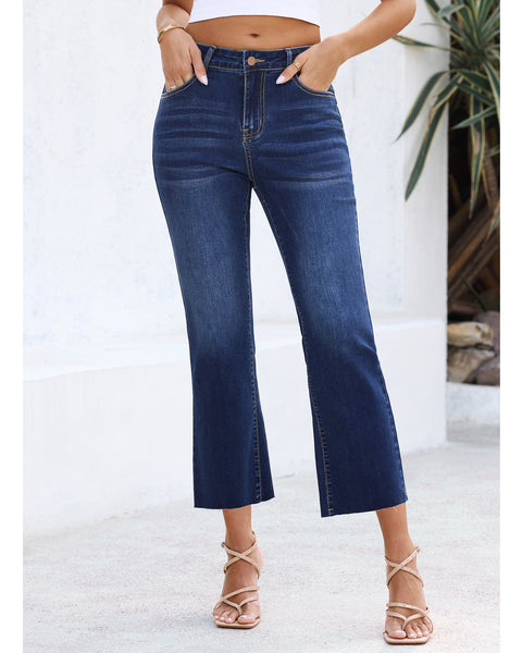 GRAPENT Women's High Waisted Flared Cropped Jeans Raw Hem Denim Pants