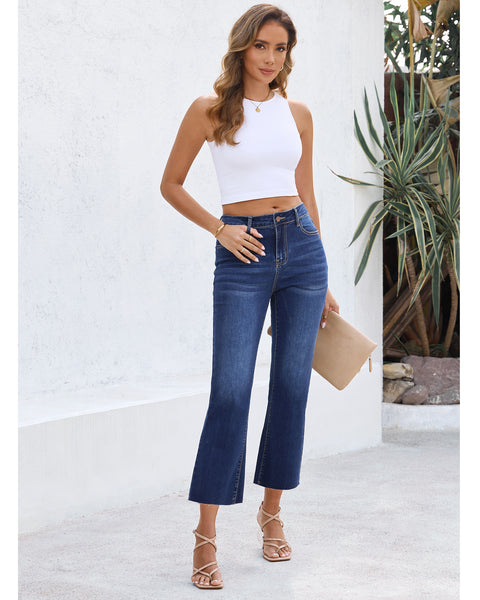 GRAPENT Women's High Waisted Flared Cropped Jeans Raw Hem Denim Pants