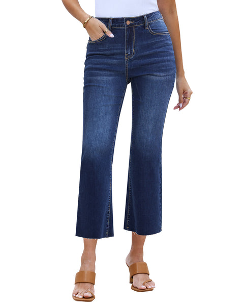 GRAPENT Women's High Waisted Flared Cropped Jeans Raw Hem Denim Pants