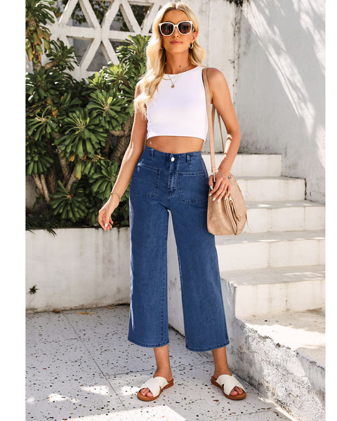 GRAPENT Wide Leg Jeans for Women High Waisted Straight Leg Stretchy Cropped Denim Pants with Pockets Jean Trousers