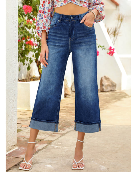 GRAPENT Wide Leg Jeans for Women High Waisted Stretchy Denim Capri Pants Fold Hem Cropped Baggy Capris Jeans with Pocket