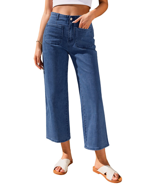 GRAPENT Wide Leg Jeans for Women High Waisted Straight Leg Stretchy Cropped Denim Pants with Pockets Jean Trousers