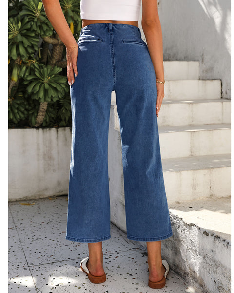 GRAPENT Wide Leg Jeans for Women High Waisted Straight Leg Stretchy Cropped Denim Pants with Pockets Jean Trousers