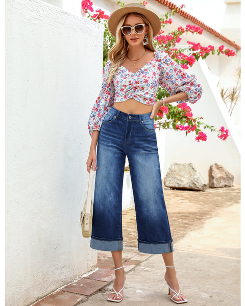 GRAPENT Wide Leg Jeans for Women High Waisted Stretchy Denim Capri Pants Fold Hem Cropped Baggy Capris Jeans with Pocket