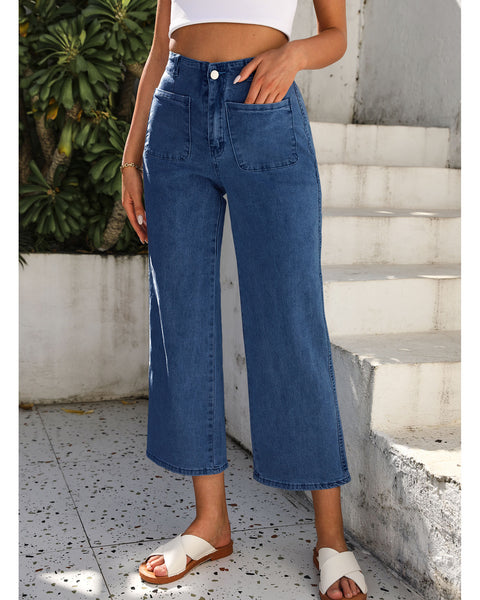 GRAPENT Wide Leg Jeans for Women High Waisted Straight Leg Stretchy Cropped Denim Pants with Pockets Jean Trousers