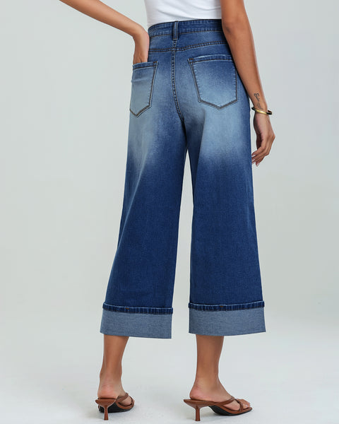 GRAPENT Wide Leg Jeans for Women High Waisted Stretchy Denim Capri Pants Fold Hem Cropped Baggy Capris Jeans with Pocket