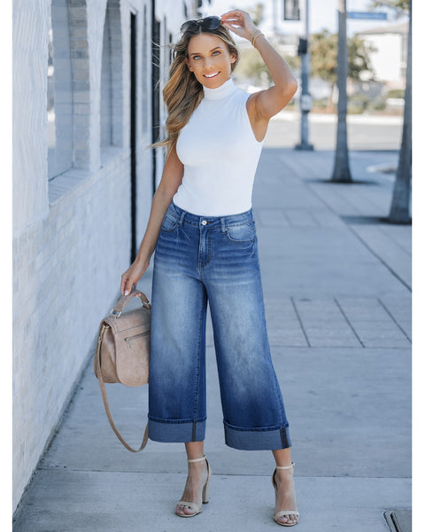 GRAPENT Wide Leg Jeans for Women High Waisted Stretchy Denim Capri Pants Fold Hem Cropped Baggy Capris Jeans with Pocket