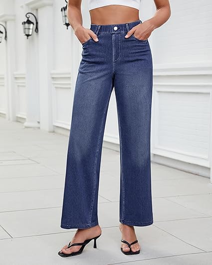 GRAPENT Wide Leg Jeans for Women High Waisted Trendy Pull On Elastic Waist Soft Stretchy Denim Pants Sweatpant Jeans