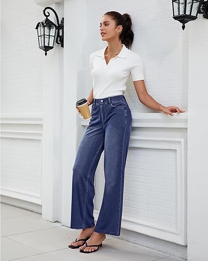 GRAPENT Wide Leg Jeans for Women High Waisted Trendy Pull On Elastic Waist Soft Stretchy Denim Pants Sweatpant Jeans