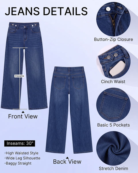 GRAPENT Jeans for Women Wide Leg High Rise Cinch-Waist Stretchy Denim Pants | High Waisted, Adjustable Waist, Full Length, 30'' Inseam, 90s Baggy Straight, Great for Everyday Wear, Dressy Casual Outifts