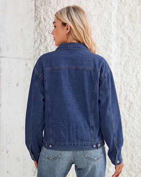 GRAPENT Jean Jacket Women Trendy Button Up Classic Oversized Denim Jackets Loose Fit, Side Seam Tabs for Adjustable Fit, Functional Pockets, Denim Trucker Jackets, Work Casual Oufits, Weekend Outings