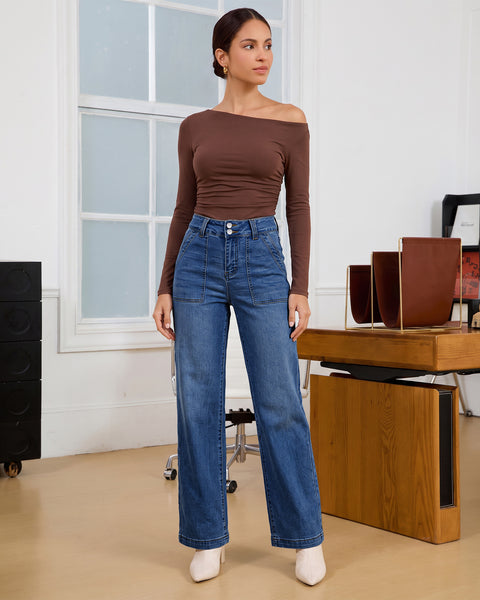 GRAPENT Straight Leg Jeans for Women High Waisted Dual Buttons Denim Pants Soft Stretchy Denim Jeans, Straight Wide Leg, High Rise Fit, Full Length, 29.5" Inseam, Big Pockets, Work Casual, Daily Wear