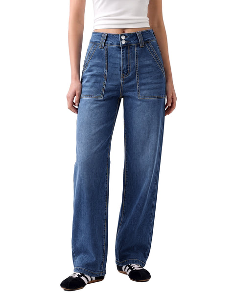 GRAPENT Straight Leg Jeans for Women High Waisted Dual Buttons Denim Pants Soft Stretchy Denim Jeans, Straight Wide Leg, High Rise Fit, Full Length, 29.5" Inseam, Big Pockets, Work Casual, Daily Wear