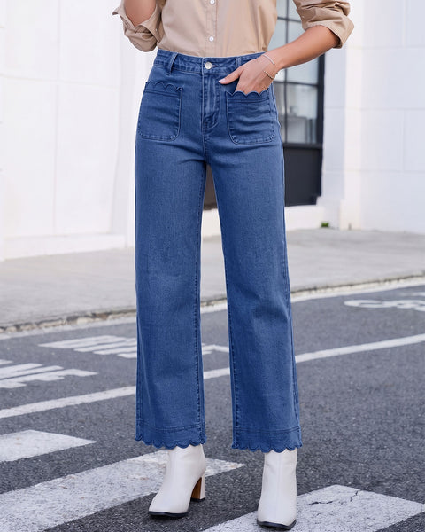 GRAPENT Jeans for Women Scalloped Straight Leg Ankle Stretchy Denim Pants | Straight Wide Leg Jeans, High Waisted, 27.5" Inseam, Patched Pockets, Cute Scalloped Design, Work Office, Dressy Casual Wear