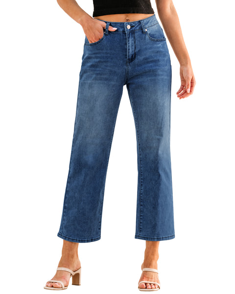 GRAPENT Jeans for Women Trendy High Waisted Baggy Straight Leg Stretchy Denim Ankle Pants Cropped Jeans with Pockets