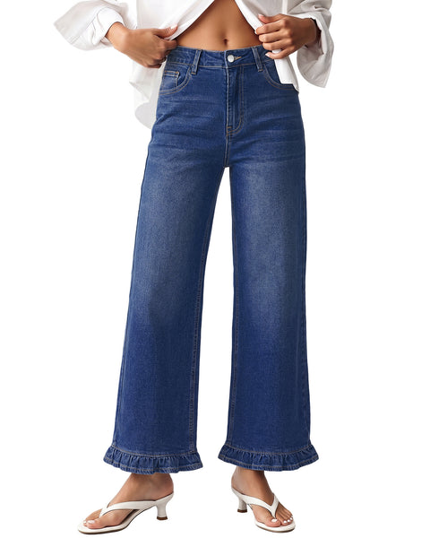 GRAPENT Wide Leg Jeans for Women Ruffle Hem High Waisted Ankle Denim Pants | Trendy Baggy Jeans, Stretch Denim, High Rise Fit, Cropped Jean Pants, 27.5 Inch Inseam, Flattering Ruffle Hem, Weekend Casual