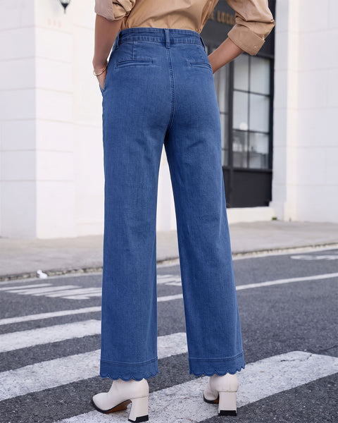 GRAPENT Jeans for Women Scalloped Straight Leg Ankle Stretchy Denim Pants | Straight Wide Leg Jeans, High Waisted, 27.5" Inseam, Patched Pockets, Cute Scalloped Design, Work Office, Dressy Casual Wear