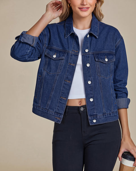 GRAPENT Jean Jacket Women Trendy Button Up Classic Oversized Denim Jackets Loose Fit, Side Seam Tabs for Adjustable Fit, Functional Pockets, Denim Trucker Jackets, Work Casual Oufits, Weekend Outings