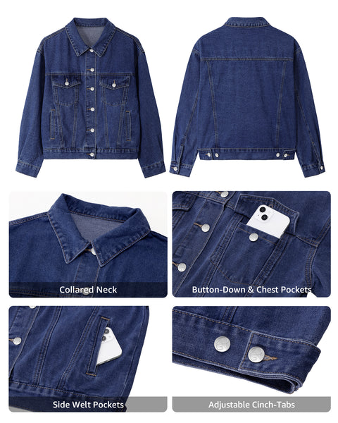 GRAPENT Jean Jacket Women Trendy Button Up Classic Oversized Denim Jackets Loose Fit, Side Seam Tabs for Adjustable Fit, Functional Pockets, Denim Trucker Jackets, Work Casual Oufits, Weekend Outings