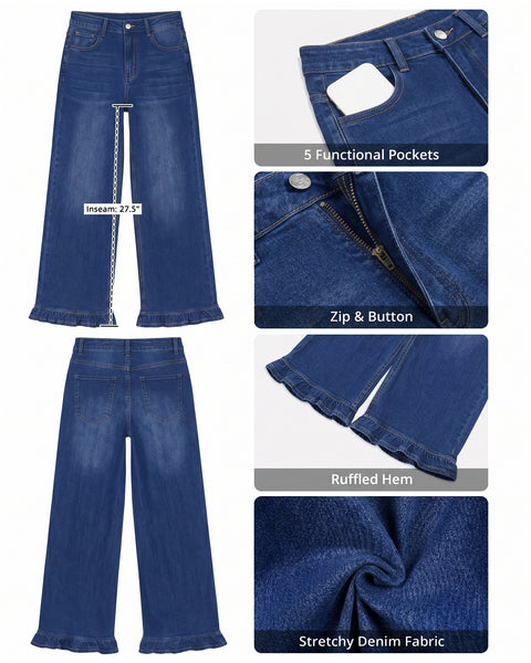 GRAPENT Wide Leg Jeans for Women Ruffle Hem High Waisted Ankle Denim Pants | Trendy Baggy Jeans, Stretch Denim, High Rise Fit, Cropped Jean Pants, 27.5 Inch Inseam, Flattering Ruffle Hem, Weekend Casual