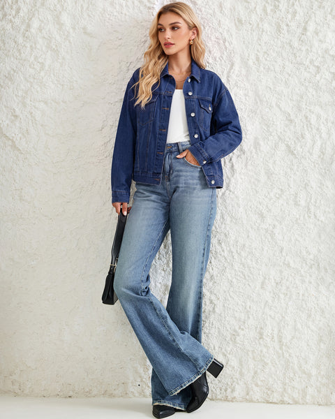 GRAPENT Jean Jacket Women Trendy Button Up Classic Oversized Denim Jackets Loose Fit, Side Seam Tabs for Adjustable Fit, Functional Pockets, Denim Trucker Jackets, Work Casual Oufits, Weekend Outings