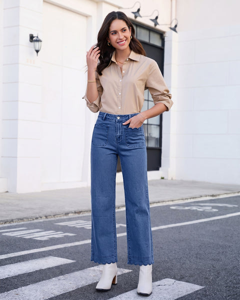 GRAPENT Jeans for Women Scalloped Straight Leg Ankle Stretchy Denim Pants | Straight Wide Leg Jeans, High Waisted, 27.5" Inseam, Patched Pockets, Cute Scalloped Design, Work Office, Dressy Casual Wear