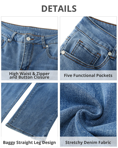 GRAPENT Jeans for Women Trendy High Waisted Baggy Straight Leg Stretchy Denim Ankle Pants Cropped Jeans with Pockets
