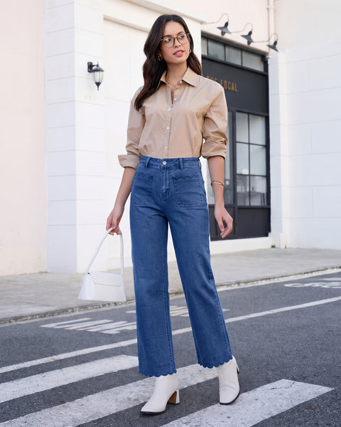 GRAPENT Jeans for Women Scalloped Straight Leg Ankle Stretchy Denim Pants | Straight Wide Leg Jeans, High Waisted, 27.5" Inseam, Patched Pockets, Cute Scalloped Design, Work Office, Dressy Casual Wear
