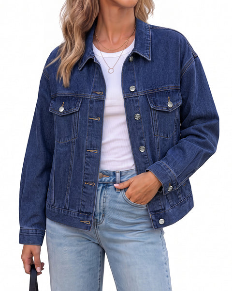 GRAPENT Jean Jacket Women Trendy Button Up Classic Oversized Denim Jackets Loose Fit, Side Seam Tabs for Adjustable Fit, Functional Pockets, Denim Trucker Jackets, Work Casual Oufits, Weekend Outings