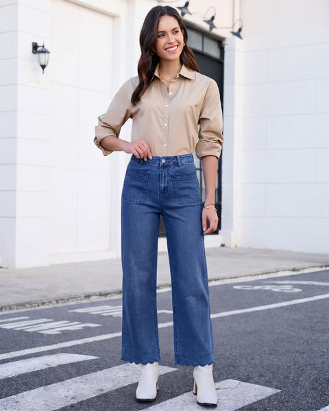 GRAPENT Jeans for Women Scalloped Straight Leg Ankle Stretchy Denim Pants | Straight Wide Leg Jeans, High Waisted, 27.5" Inseam, Patched Pockets, Cute Scalloped Design, Work Office, Dressy Casual Wear